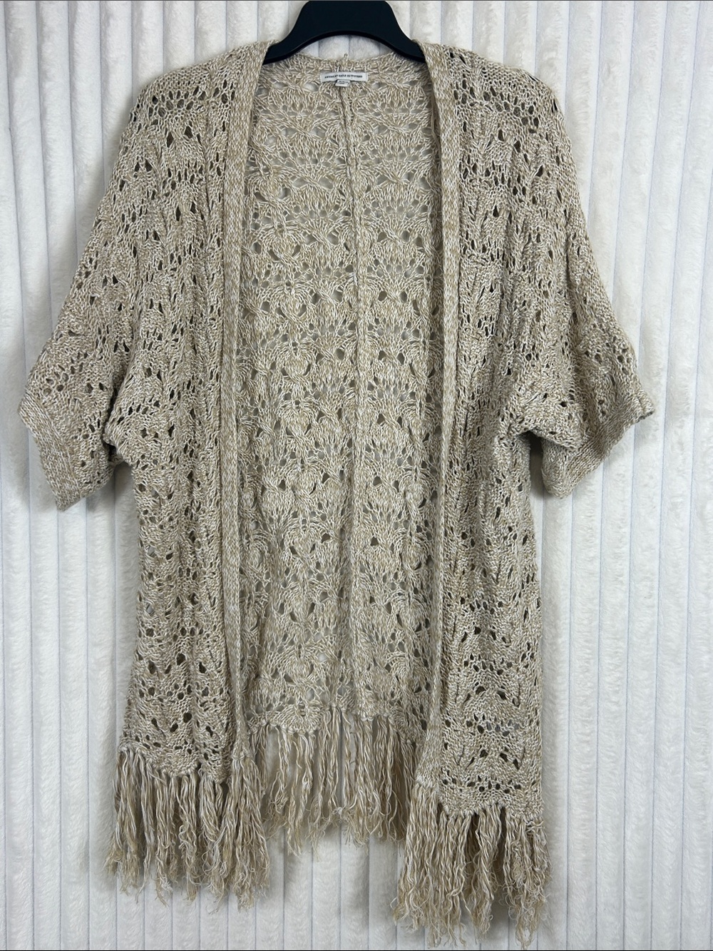 American Eagle Outfitters Beige Open-Front Fringe Knit Cardigan sweater M